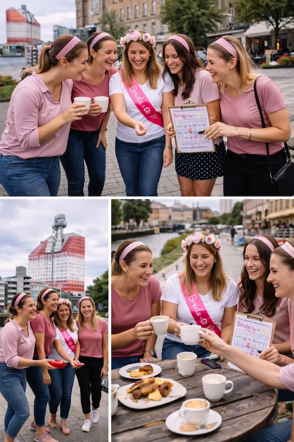 Möhippa i Göteborg med vänner i stadsmiljö – festligt firande vid Lilla Bommen med lekar, kaffe och skratt längs kanalen i citykärnan.